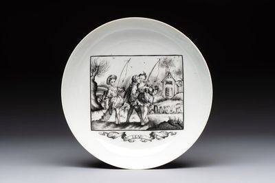 A fine and rare Chinese European-decorated semi-erotic plate, Qianlong, ca. 1770