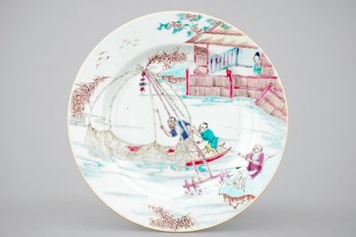 A fine and rare Chinese famille rose porcelain "Fishing" plate, Yongzheng, 1722-1735