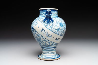 A fine blue and white Antwerp maiolica wet drug jar, 16th C.