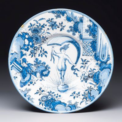 A fine blue and white Dutch Delft 'Birth of Venus' dish, 18th C.