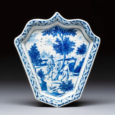 A fine blue and white Dutch Delft leaf-shaped condiment dish with travellers in a landscape, early 18th C., early 18th C.