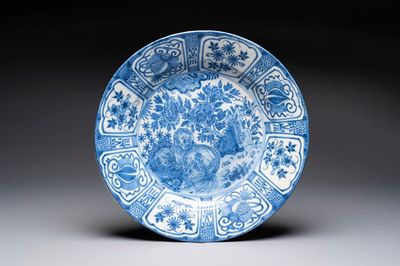 A fine blue and white Dutch Delft Wanli-style 'lion' dish, 17th C.