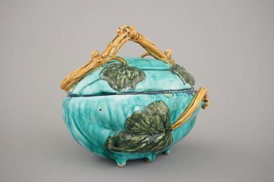 A fine Brussels faience turquoise ground melon-shaped tureen and cover, 18th C.