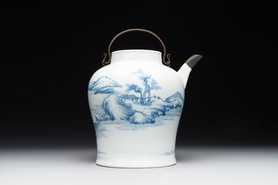 A fine Chinese blue and white 'Bleu de Hue' 'landscape' teapot with bronze mount, Chenghua mark, 18/19th C.