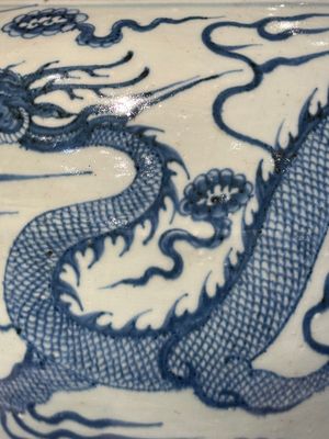 A fine Chinese blue and white 'dragon' vase with mythical-beast-shaped handles, probably Yuan — photo 16