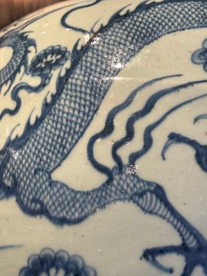A fine Chinese blue and white 'dragon' vase with mythical-beast-shaped handles, probably Yuan — photo 35