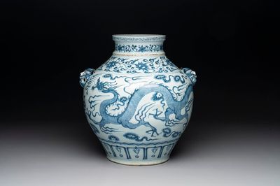 A fine Chinese blue and white 'dragon' vase with mythical-beast-shaped handles, probably Yuan
