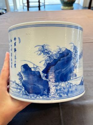 A fine Chinese blue and white 'fishermen and poem' bitong, Shang 賞 seal mark, Kangxi — 照片 2