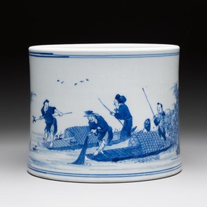 A fine Chinese blue and white 'fishermen and poem' bitong, Shang 賞 seal mark, Kangxi — 照片 1