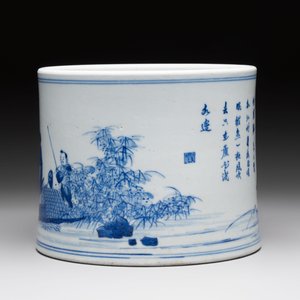 A fine Chinese blue and white 'fishermen and poem' bitong, Shang 賞 seal mark, Kangxi — 照片 2