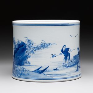 A fine Chinese blue and white 'fishermen and poem' bitong, Shang 賞 seal mark, Kangxi — 照片 4