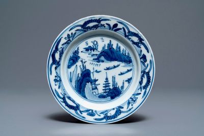 A fine Chinese blue and white landscape saucer dish, Wanli