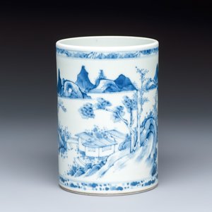 A fine Chinese blue and white 'Mountainous Riverscape' brush pot — photo 1