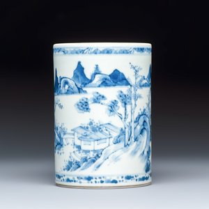 A fine Chinese blue and white 'Mountainous Riverscape' brush pot — photo 2