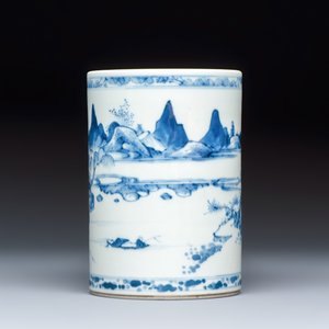 A fine Chinese blue and white 'Mountainous Riverscape' brush pot — photo 4