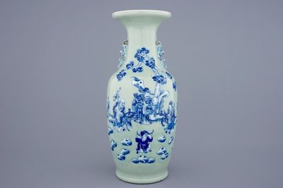 A fine Chinese blue and white on celadon ground vase, 19th C.