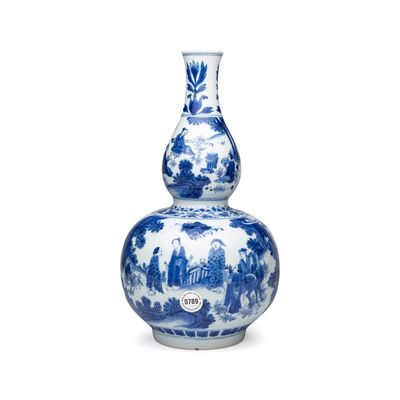 A fine Chinese blue and white ‘Scholars’ double-gourd vase, Transitional period