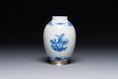 A fine Chinese blue and white silver mounted jar, signed Bo Gu Zhai 博古斎, Jiajing mark, Kangxi