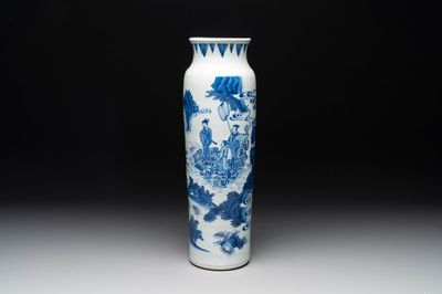 A fine Chinese blue and white sleeve vase with narrative design, Transitional period