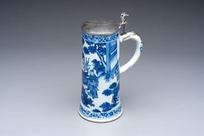 A fine Chinese blue and white tankard with Dutch silver cover, Transitional period