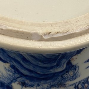 A fine Chinese blue, white and copper red 'Master of the Rocks' brush pot, Kangxi — photo 13