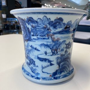 A fine Chinese blue, white and copper red 'Master of the Rocks' brush pot, Kangxi — photo 24