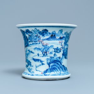 A fine Chinese blue, white and copper red 'Master of the Rocks' brush pot, Kangxi — photo 3