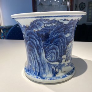 A fine Chinese blue, white and copper red 'Master of the Rocks' brush pot, Kangxi — photo 31