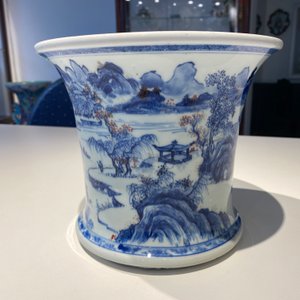 A fine Chinese blue, white and copper red 'Master of the Rocks' brush pot, Kangxi — photo 34