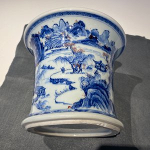 A fine Chinese blue, white and copper red 'Master of the Rocks' brush pot, Kangxi — photo 35