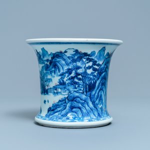 A fine Chinese blue, white and copper red 'Master of the Rocks' brush pot, Kangxi — photo 5