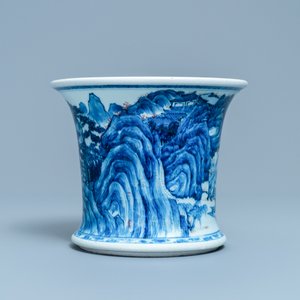 A fine Chinese blue, white and copper red 'Master of the Rocks' brush pot, Kangxi — photo 6