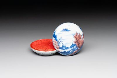 A fine Chinese blue, white and copper-red 'riverscape' seal paste box and cover, Kangxi mark, 19/20th C.