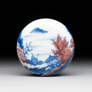 A fine Chinese blue, white and copper-red 'riverscape' seal paste box and cover, Kangxi mark, 19/20th C. — photo 3
