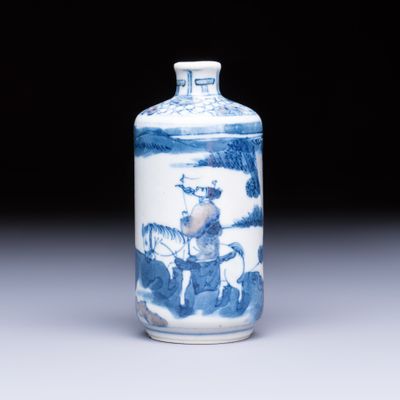 A fine Chinese blue, white and copper-red 'Tong Zi Zhi Lu 童子指路' snuff bottle, Yongzheng mark, 19th C.