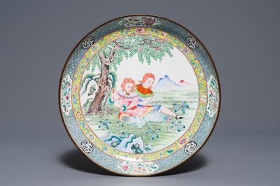 A fine Chinese Canton enamel 'Europeans' dish, Qianlong