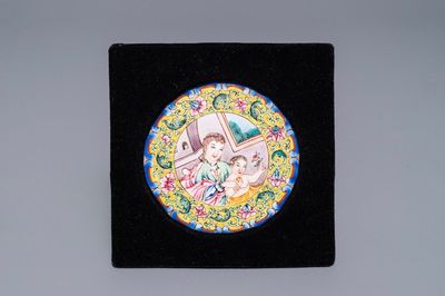 A fine Chinese Canton enamel 'Europeans' medallion, Qianlong
