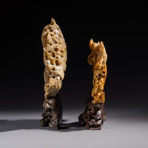 A fine Chinese carved soapstone 'Dragons among Clouds' group and a 'Phoenixes and Cranes' group, 20th C. — photo 2