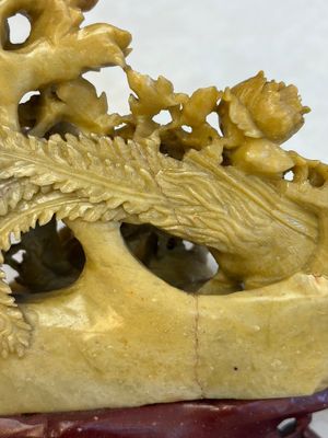 A fine Chinese carved soapstone 'Squirrels and Grapes' group and a 'Phoenixes among Peonies' group, 20th C. — photo 22
