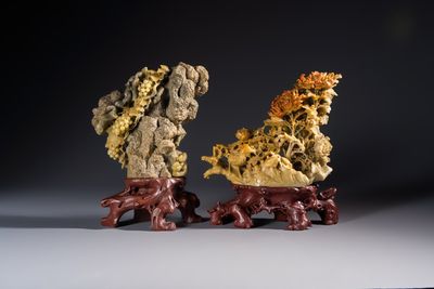 A fine Chinese carved soapstone 'Squirrels and Grapes' group and a 'Phoenixes among Peonies' group, 20th C.