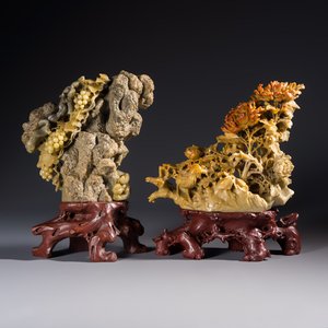A fine Chinese carved soapstone 'Squirrels and Grapes' group and a 'Phoenixes among Peonies' group, 20th C. — photo 1