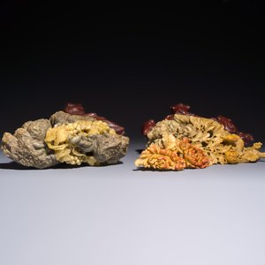 A fine Chinese carved soapstone 'Squirrels and Grapes' group and a 'Phoenixes among Peonies' group, 20th C. — photo 5