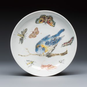 A fine Chinese Dutch or English-decorated saucer with a bird and insects — foto 1