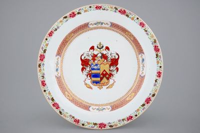 A fine Chinese English market armorial dish of Mertins impaling Peck, Yongzheng, 1723-1735