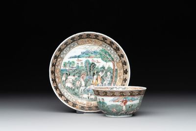 A fine Chinese famille rose 'apple pickers' cup and saucer, Yongzheng