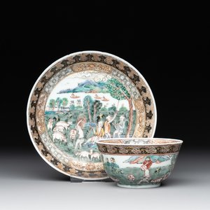 A fine Chinese famille rose 'apple pickers' cup and saucer, Yongzheng — photo 1