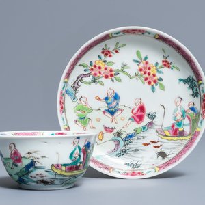 A fine Chinese famille rose cup and saucer with a river scene, Yongzheng — 照片 1