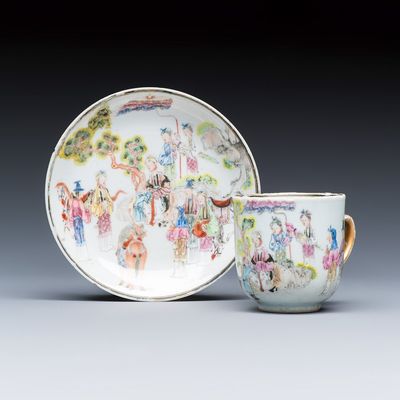 A fine Chinese famille rose cup and saucer with narrative design, Yongzheng/Qianlong