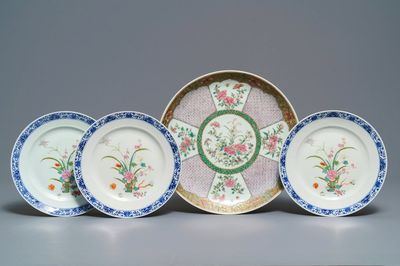 A fine Chinese famille rose dish and three floral plates, 19/20th C.