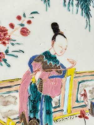 A fine Chinese famille rose dish with ladies and boys near a pagoda, Yongzheng — photo 7